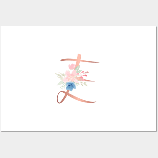 Letter E Rose Gold and Watercolor Blush Pink and Navy Posters and Art